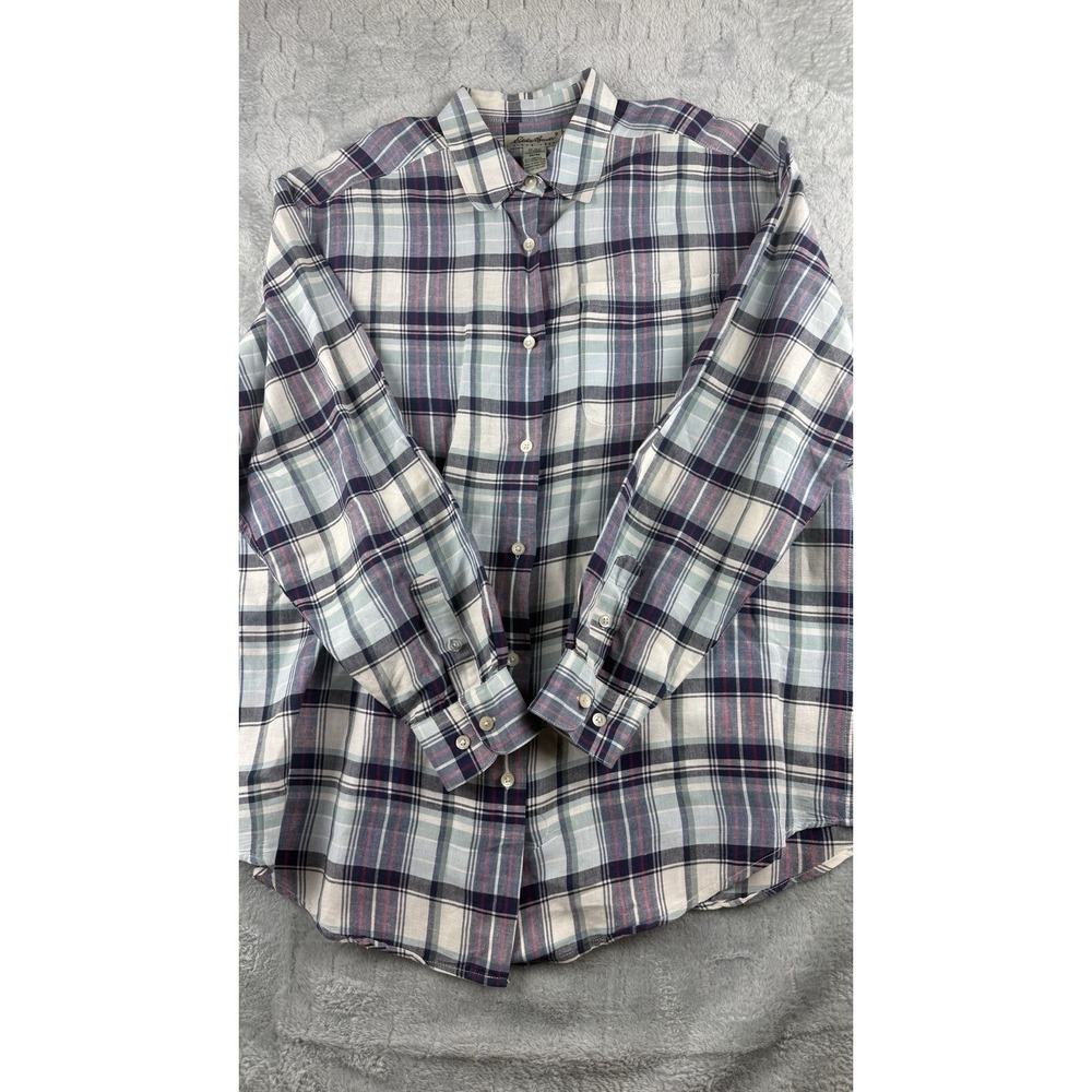 Women's Linen Blend Eddie Bauer Long Sleeve Plaid Blouse Navy Women's Size M